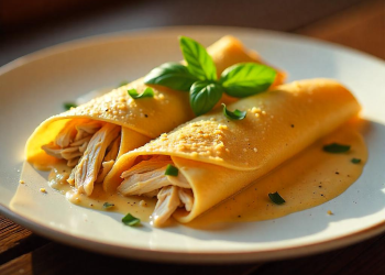 Crepes rellenos de pollo con salsa Panna Rosa